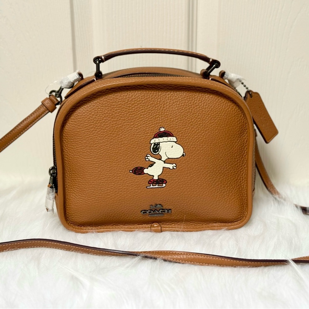 COACH X PEANUTS LUNCH PAIL Snoopy Ice Skate Motif Brown Leather CE846 NWT $478